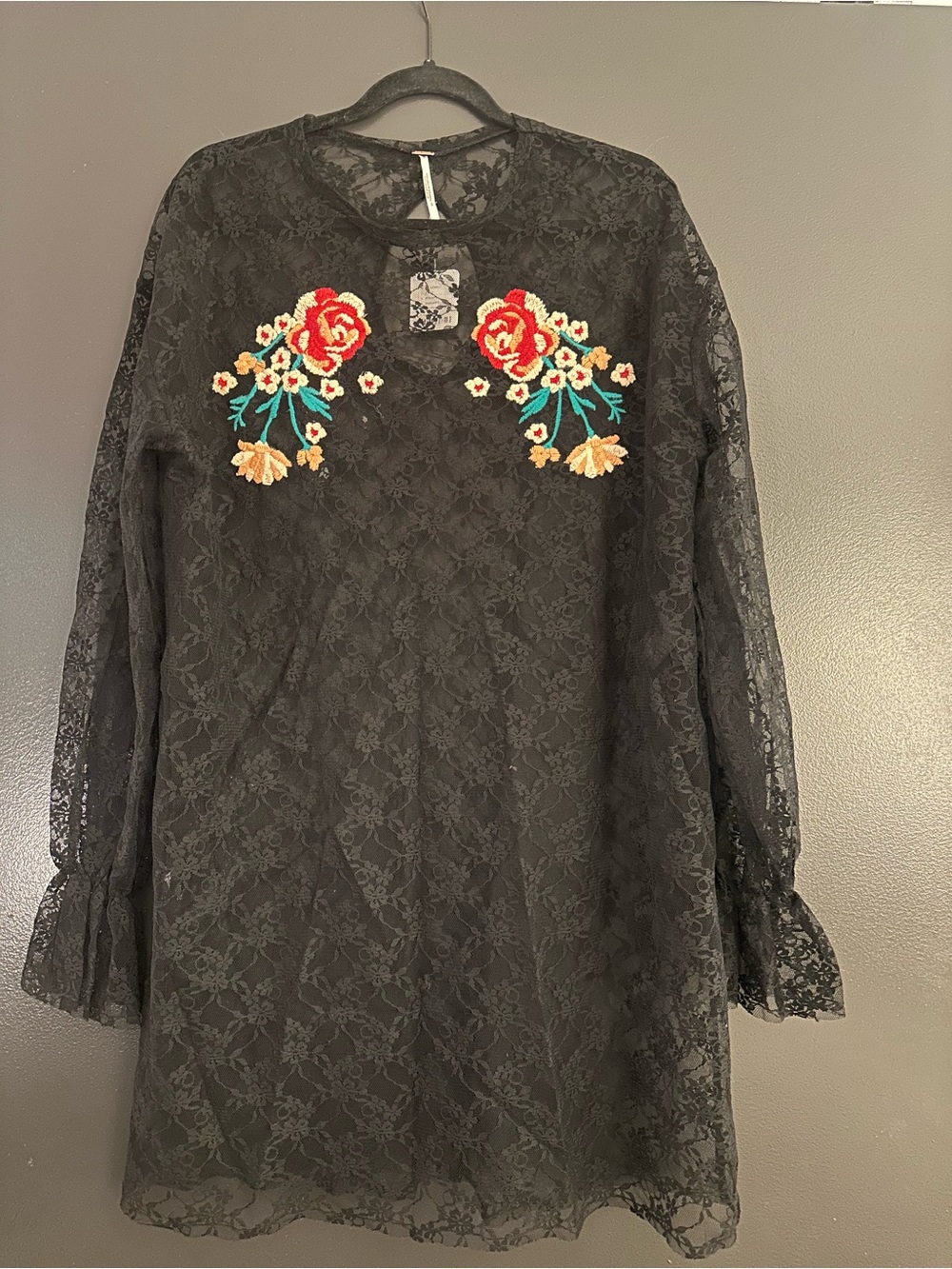Free People Black Lace Mini Dress with Red Floral Embroidery